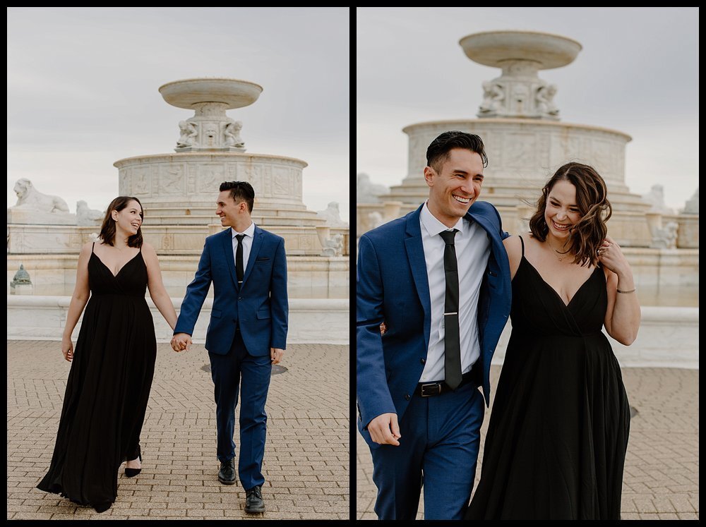 Belle Isle, Detroit engagement session in the early fall. Couple wears black dress and blue suit for engagement session.