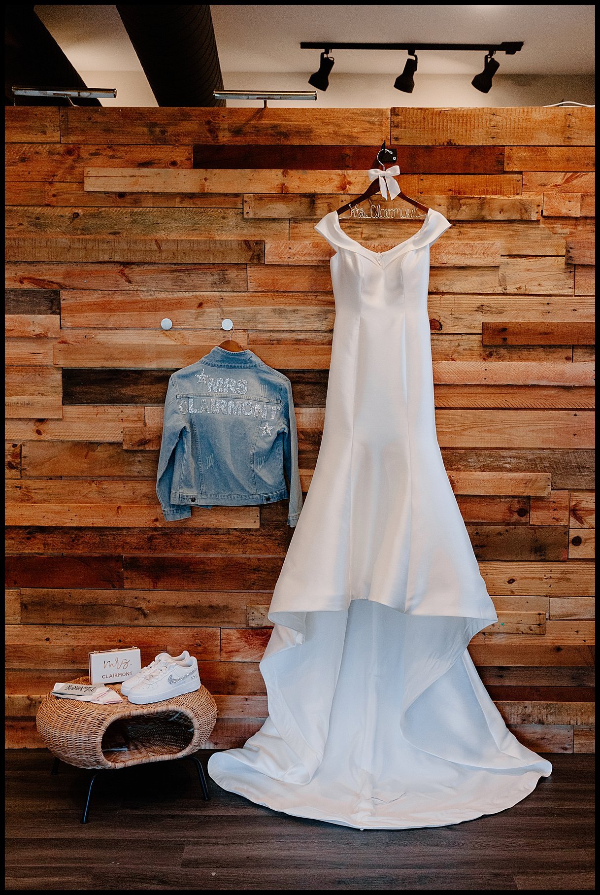 Maggie sotterro wedding dress and custom bridal denim jacket. 