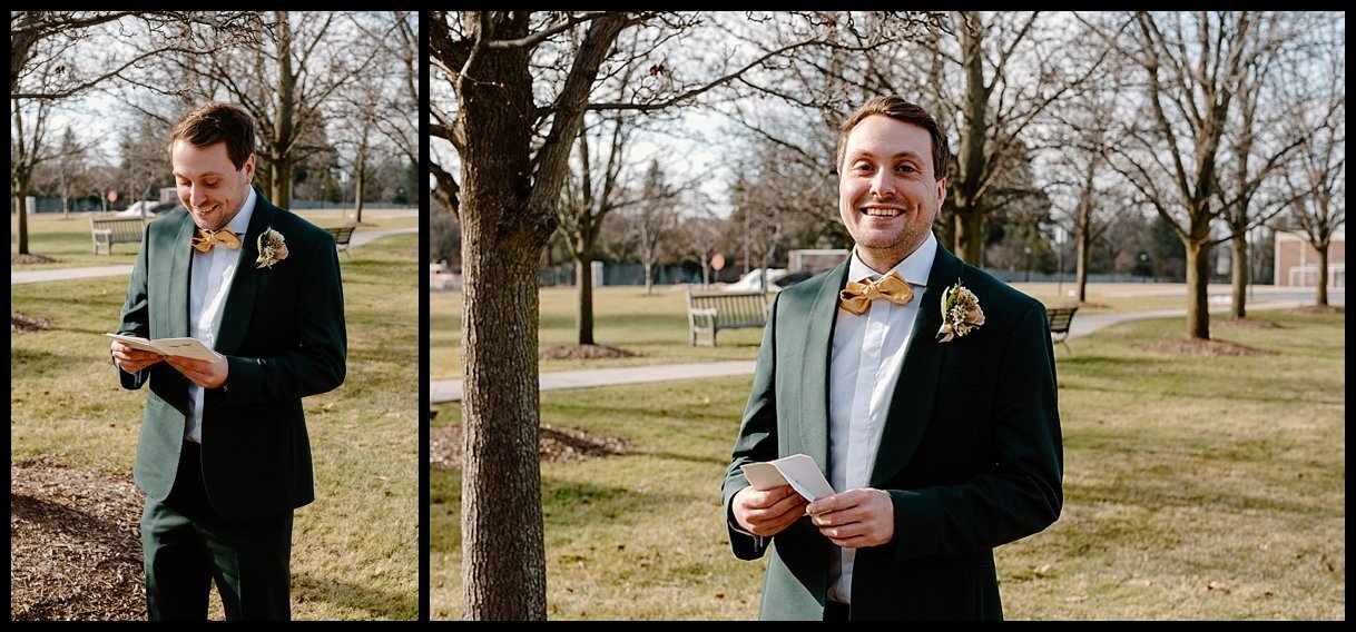  groom on wedding day in green suit with bow tie.  