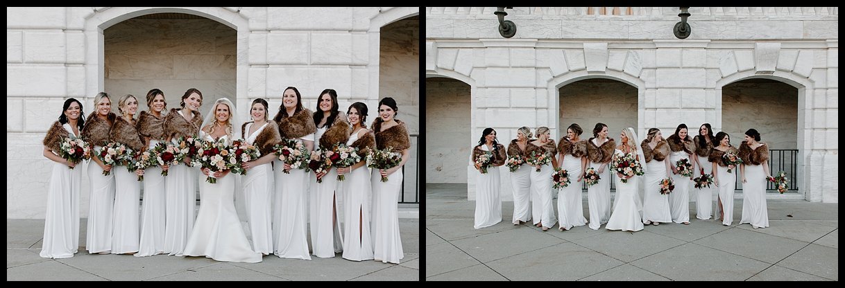  Bridesmaids in all white velvet dresses, downtown, Detroit wedding photos 