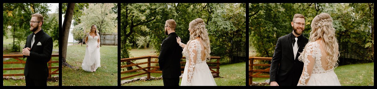 Midwest backyard fall wedding first-look between the bride and groom.