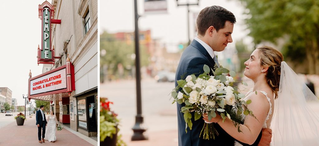 downtown wedding, bride and groom first-look, wedding timeline, wedding photography