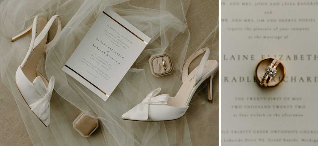 wedding invitation, rings, and shoes laid out on top of a vail