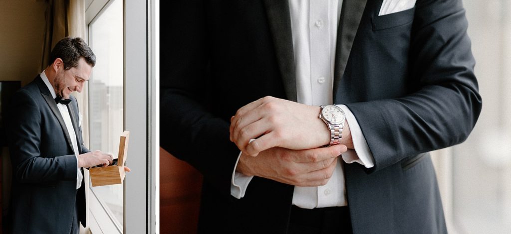 groom putting on his watch 