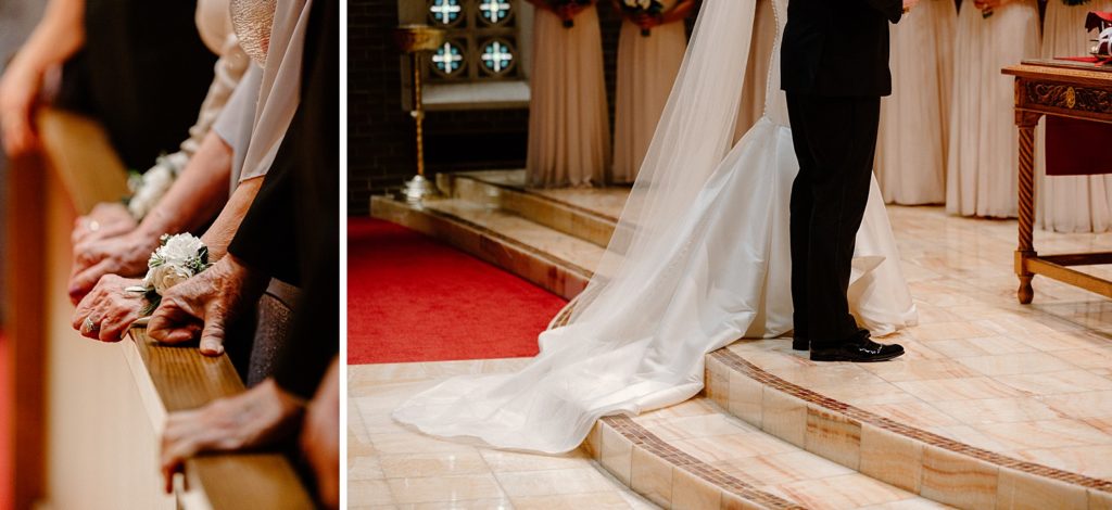 brides dress draped over altar's steps 