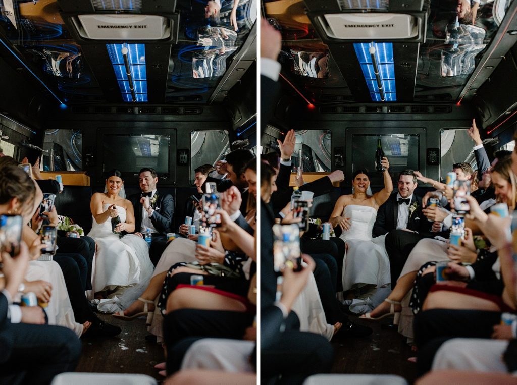 bride and groom popping champagne with their wedding party in a party bus 