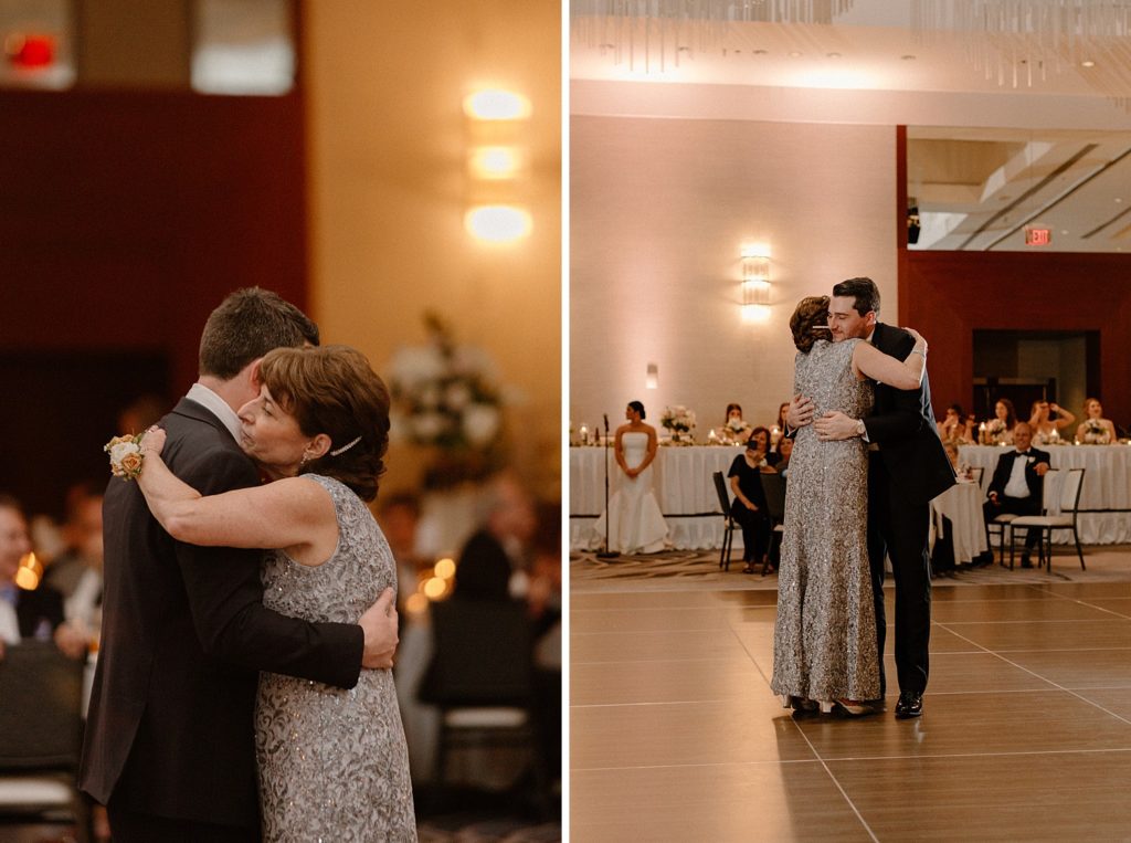 groom and his mother hugging on the dance floor 